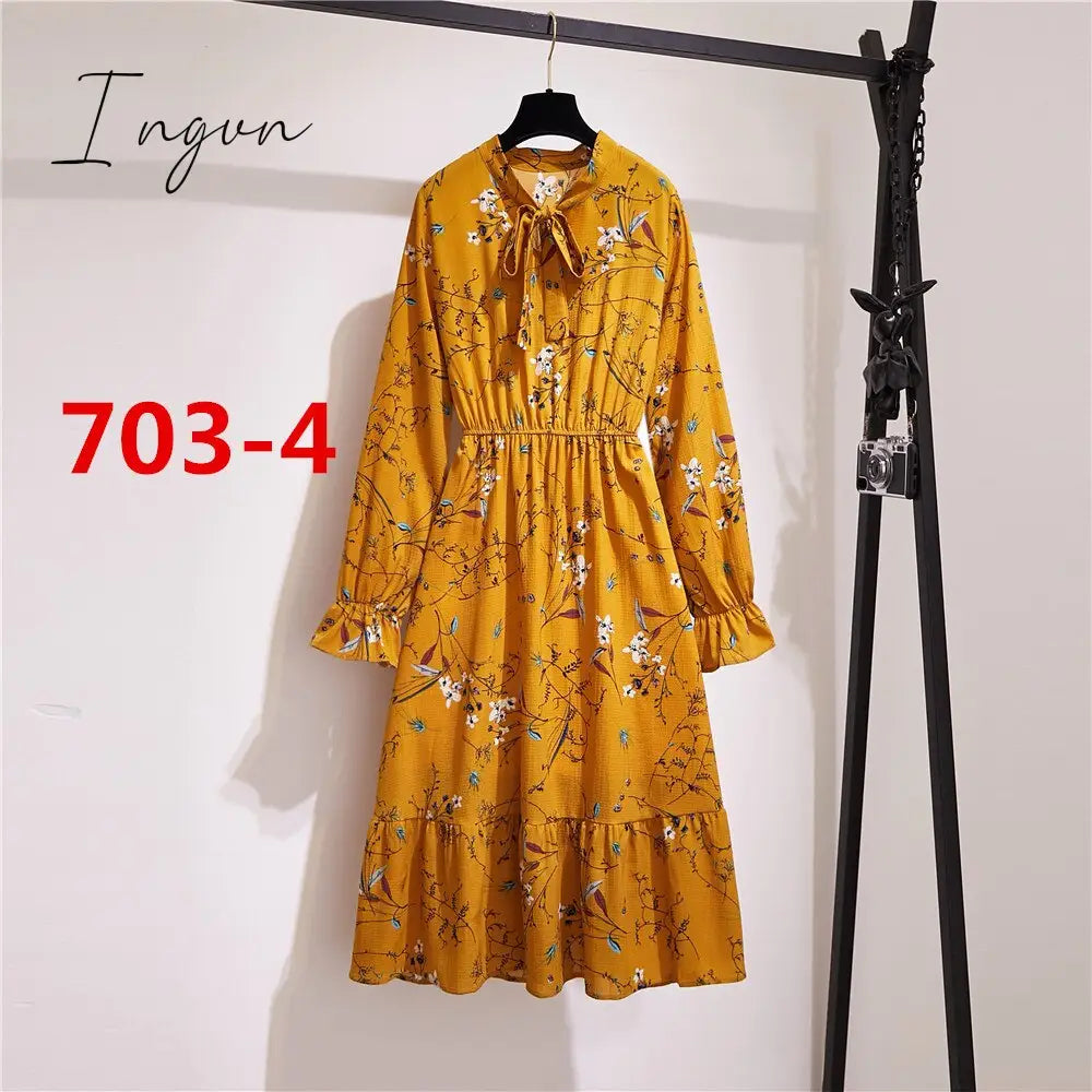 Ingvn - 11 Style Beautiful Fashion Summer Women Long Sleeve Dress Retro Collar Casual High Waist Dresses Floral Print Chiffon Clothing