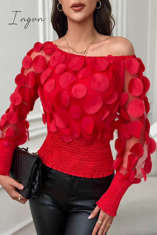 Ingvn - Celebrities Elegant Solid Appliques Mesh Off the Shoulder Tops