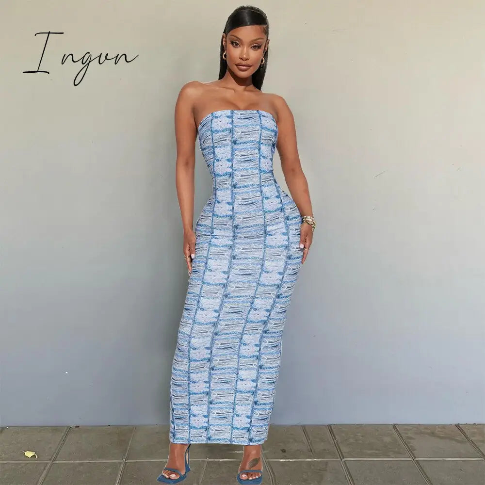 Ingvn - Women Print Off-shoulder Sleeveless Maxi Dress 2023 Summer Elegant Strapless Bodycon Cocktail Party Sundress Beach Streetwear