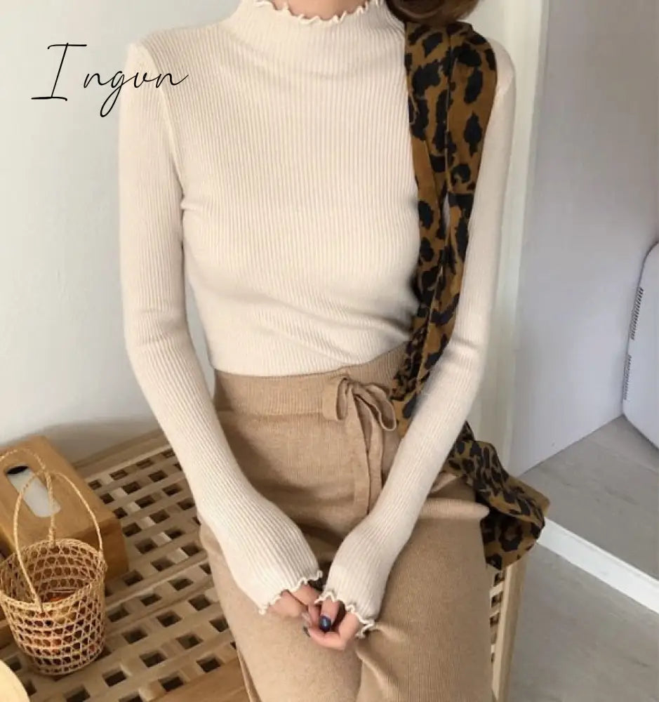 Ingvn - Turtleneck Ruched Women Sweater High Elastic Solid Fall Winter Fashion Sweater Women Slim Sexy Knitted Pullovers Pink White