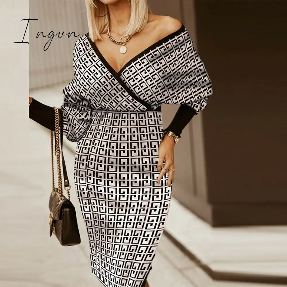 Ingvn - Women Deep V-Neck Striped Plaid Party Dress Long Sleeve Spring Autumn Casual Ladies Hip Dress Skinny Sweet Streetwear Vestidos