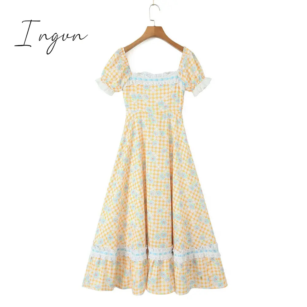 Ingvn - New Summer Print Plaid Short Sleeve Square Collar High Waist Lace-up Holiday Vocation Beach Long Women Dress