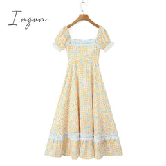 Ingvn - New Summer Print Plaid Short Sleeve Square Collar High Waist Lace-up Holiday Vocation Beach Long Women Dress