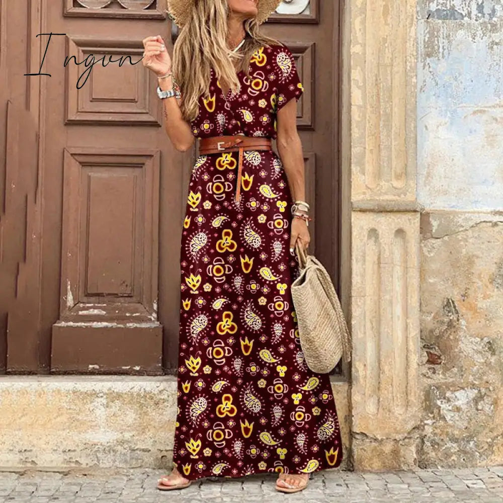 Ingvn - Fashion Boho Dress Long Dress Women Casual V Neck Short Sleeve Retro Print Belt Hem Beach Dresses Elegant Sundress Robe Femme