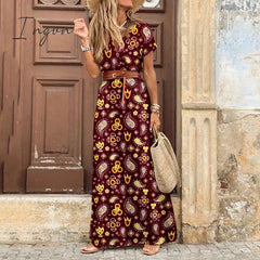 Ingvn - Fashion Boho Dress Long Dress Women Casual V Neck Short Sleeve Retro Print Belt Hem Beach Dresses Elegant Sundress Robe Femme