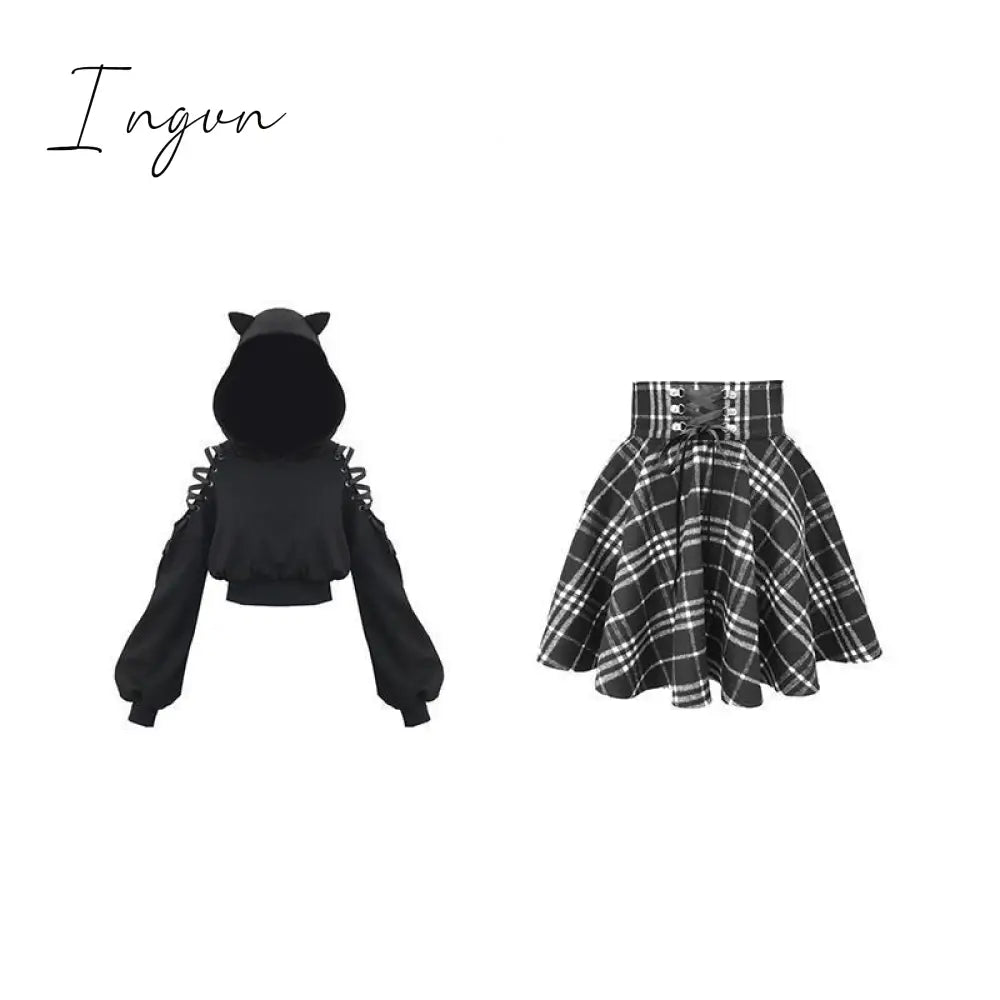 Ingvn - Gothic Lolita skirt female S-XL multi-size autumn and winter high waist lace-up short check wool skirt mini ballet skirt