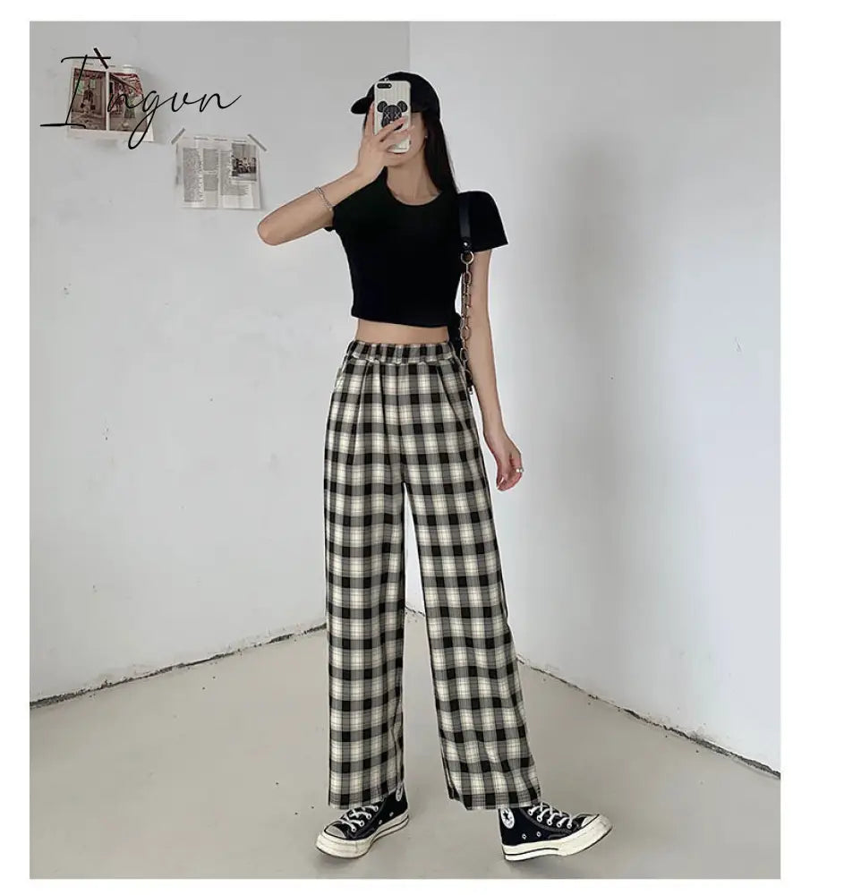 Ingvn - Vintage Plaid Pants Women High Waist Plus Size Wide Leg Casual Female Trousers Summer Joggers Clothes Streetwear Girl Pants