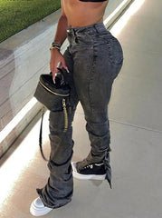 Ingvn - Grey Split Denim Stacked Pants Zip Up Baddie Style Streetwear Pencil Jeans For Women High Waist Bodycon Ruched Trousers