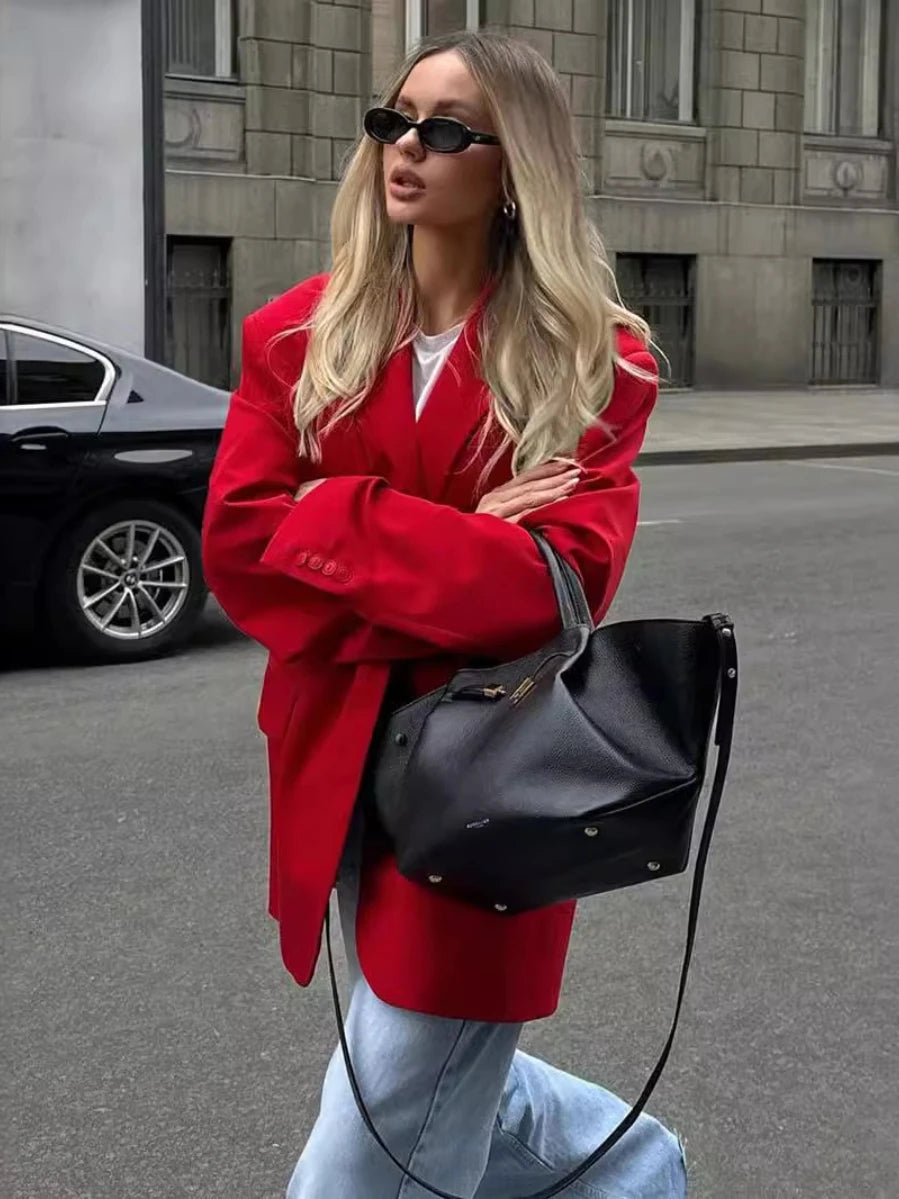 Ingvn  Women's Red Suit Temperament Shoulder Pads Loose Coat Collar Pocket Casual Cardigan Fashion Office Ladies Suit Jacket