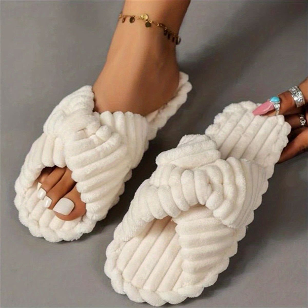 Womens Trendy Solid Color Open Toe Slippers - Ultra-Soft Cross Strap Design - Ideal for Cozy Home Lounging
