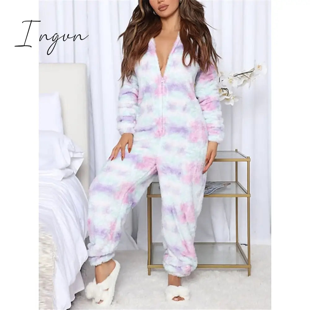 Ingvn - Women's Pajamas Jumpsuit Leopard Star Warm Comfort Plush Home Christmas Flannel Warm Breathable Hoodie Long Sleeve Pocket Fall Winter Leopard Print Moon blue