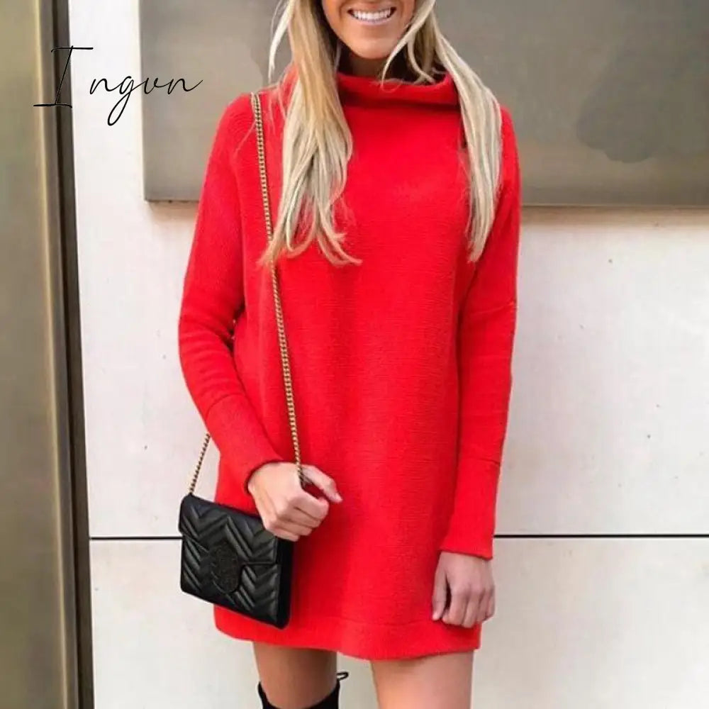 Ingvn - Fashion Dress Women Elegant Chic Solid Color Women's Dresses Office Soft Slim Dresses Female Turtleneck Woman Clothes Plus Size