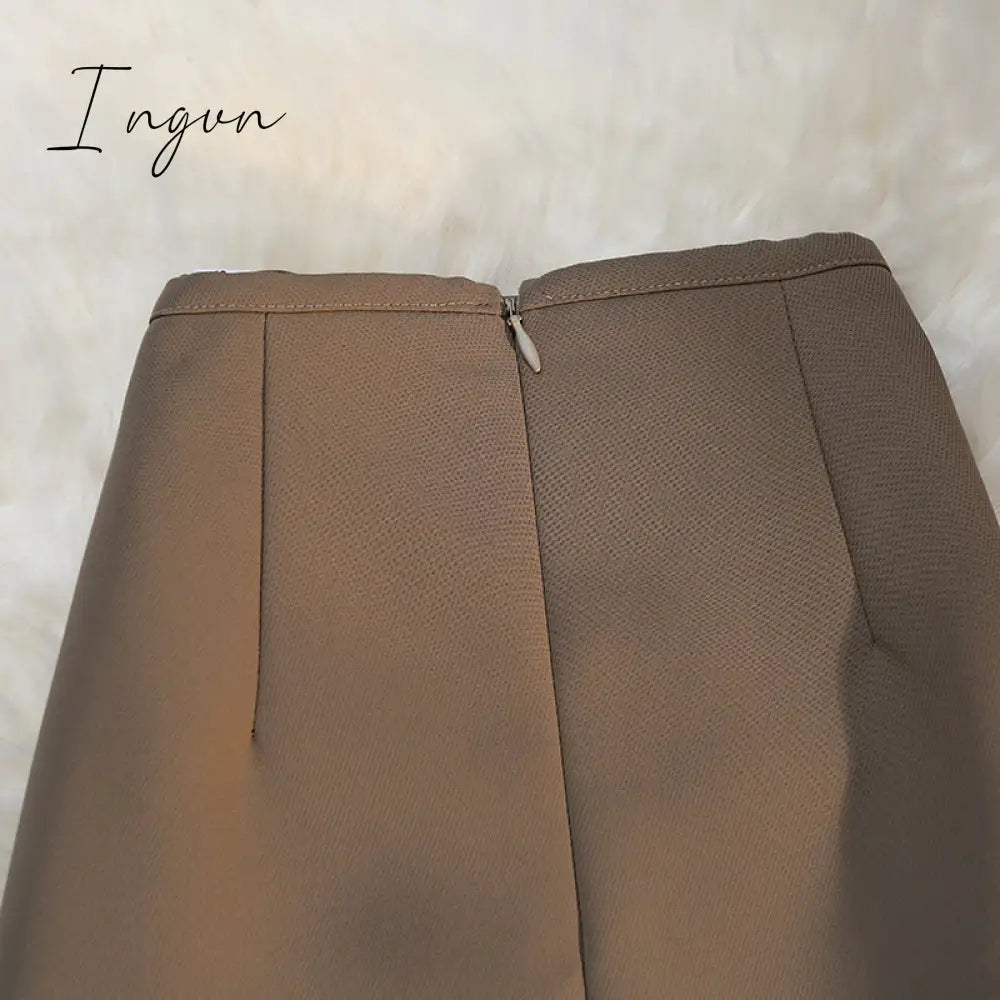 Ingvn - Fashion Elegant Formal Skirts Women Autumn New High Waist Drape Suit Long Brown Skirt Zipper Female