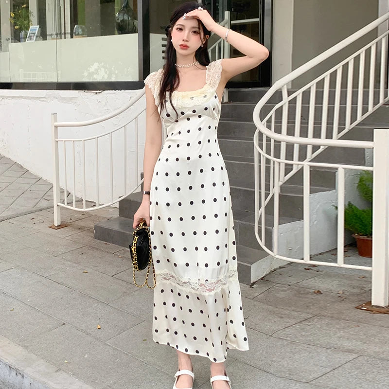 Elegant Party Sleeveless Midi Dresses for Women Summer Korean Casual Fashion Sexy Backless Lace Patchwork Female Clothing