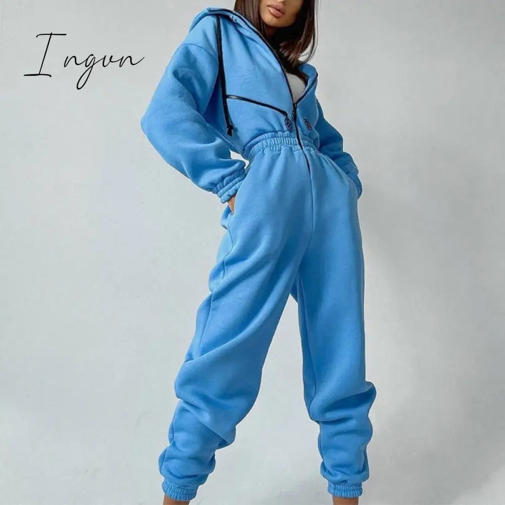 Ingvn - Casual Women Basic Hoodie Two Piece Sets Zipper Drawstring Jacket Outerwear And Elastic Pencil Pant Suit Autumn Winter Tracksuit