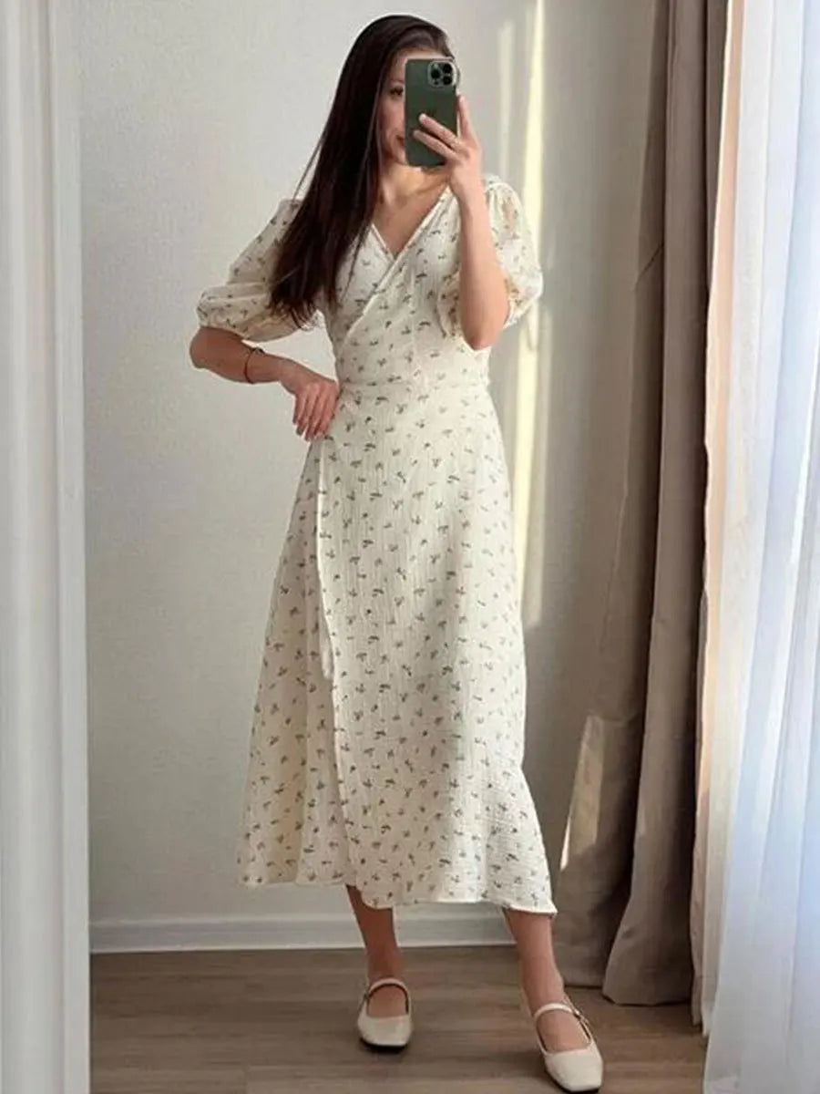 Ingvn  Women's V-neck Short Sleeve Floral Printed Cotton Dress Fashion Streetwear  High Waist Bandage A-line Long Holiday Dresses