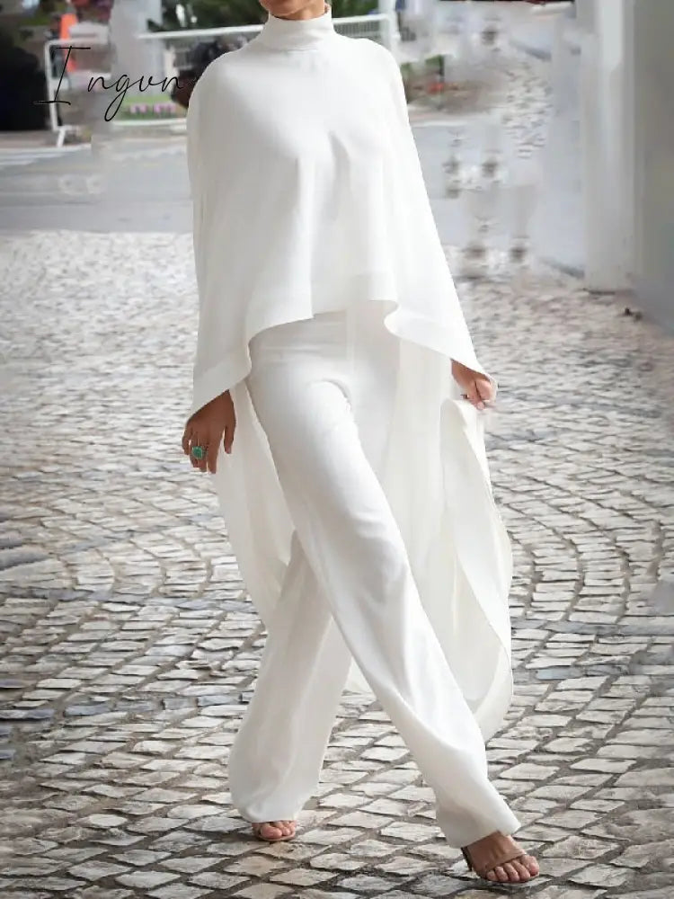 Ingvn - Female Stylish Vacation Two Pieces Set For Women Solid Color High-Neck High-Low T-Shirt Tops&Pants Suits 2023 New