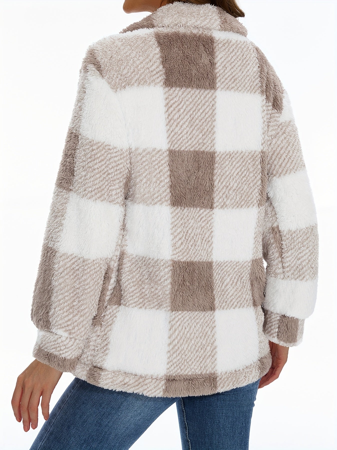 Stylish Plaid Teddy Coat - Women's Casual Jackets with Long Sleeves, Thermal Insulation, and Versatile Button Front Design for Winter Outwear - Soft, Warm, and Cozy