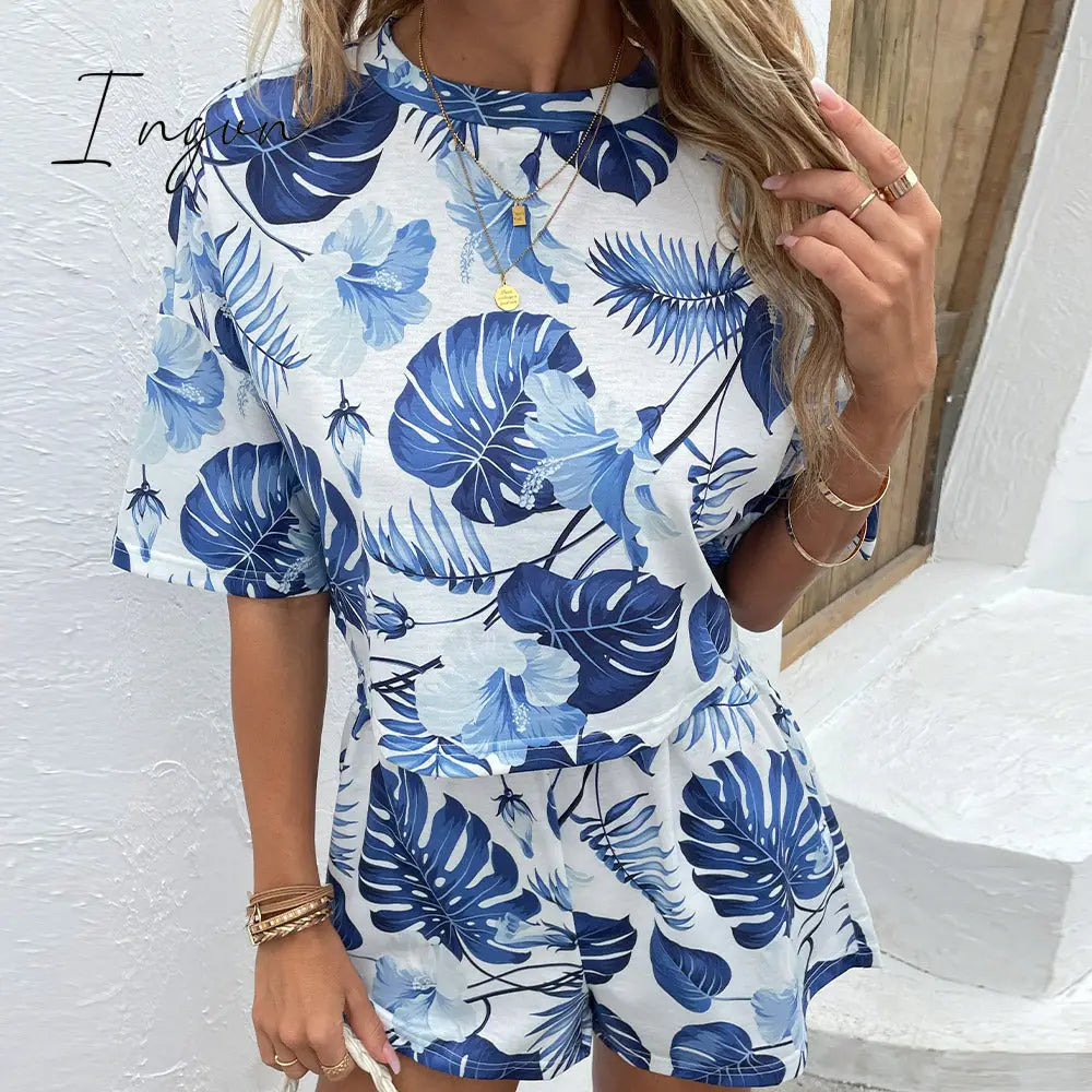 Ingvn - Floral Print Round Neck Dropped Shoulder Top and Shorts Set