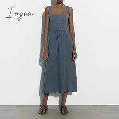 Ingvn - Long Dress Woman Solid Linen Sleeveless Frilly Dresses Woman Summer Party Dress Female 2023 Midi Dresses