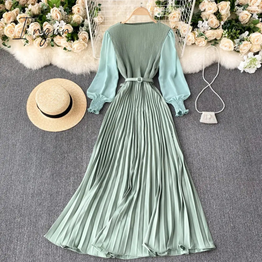 Ingvn - Autumn Fashion Streetwear Long Dress Design French Pleated Maxi Dress Women Elegant O Neck Long Sleeve A-line Dress