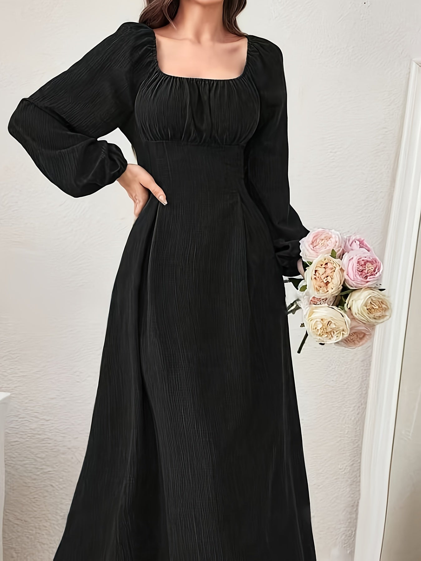 Stunning Textured Cross Tie Lantern Sleeve Midi Dress - Elegant Square Neck, Drawstring Waist, Semi-Sheer, Solid Color, Polyester, Machine Washable, Customized Fitted Design for Women - Perfect for Spring and Fall Seasons