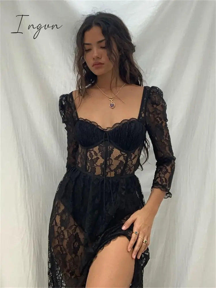 Ingvn - Summer Sexy Party Split Lace Bodycon Woman Maxi Dress Club Square Collar Black Elegant Women's Dresses