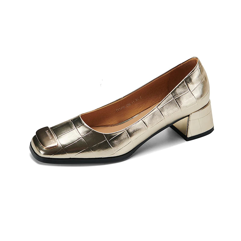 Chunky Heels Women's Casual Pumps Shoes Square Heels Women's Wedding Party Heels 35-40 Gold Solid Slip-On Women Heels Shoes