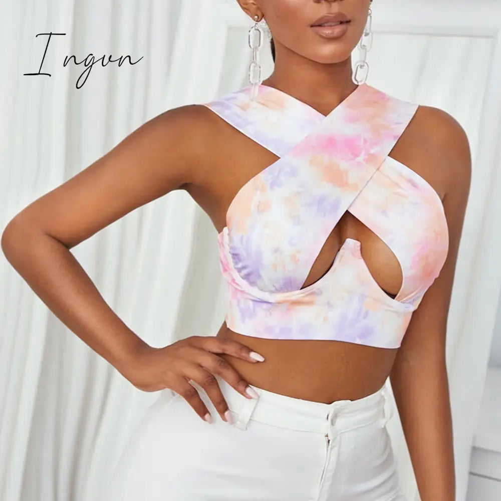 Ingvn - Women's Criss Cross Tank Tops Sexy Sleeveless Solid Color Cutout Front Crop Tops Party Club Streetwear Summer Lady Bustier Tops