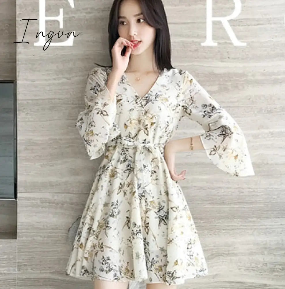 Ingvn - Women Mini Dress Spring New V-neck Floral Chiffon Dress High Waist Flare Sleeve Female Dress Woman's Dress KarolyiDora KA88