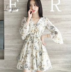 Ingvn - Women Mini Dress Spring New V-neck Floral Chiffon Dress High Waist Flare Sleeve Female Dress Woman's Dress KarolyiDora KA88