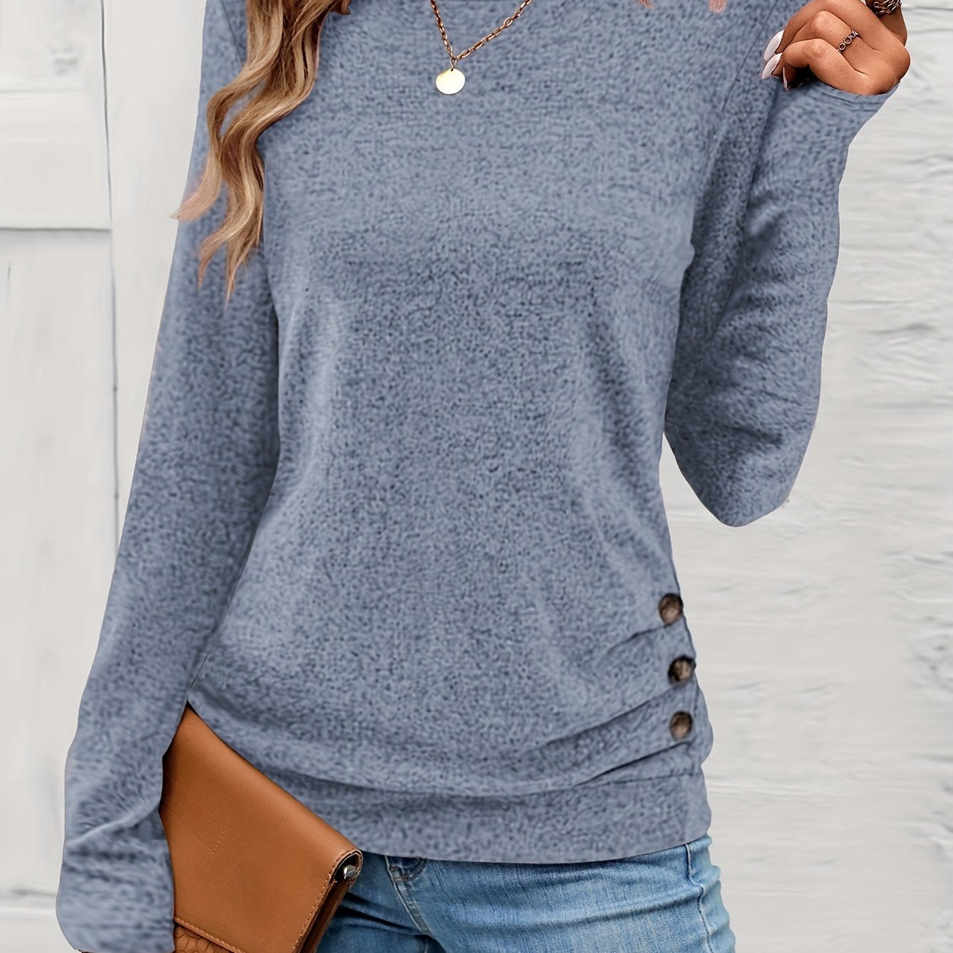 Button Decor Ruched T-Shirt, Casual Long Sleeve Top For Spring & Fall, Women's Clothing
