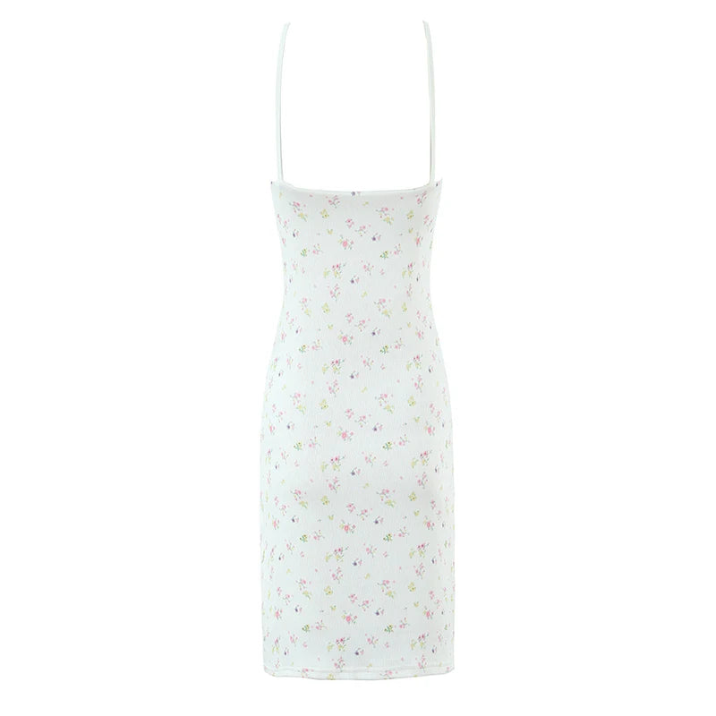 Sweet Girls Floral Print Sexy Spaghetti Straps Dress Women O Neck Bodycon Summer Mini Dreses Holiday Robe