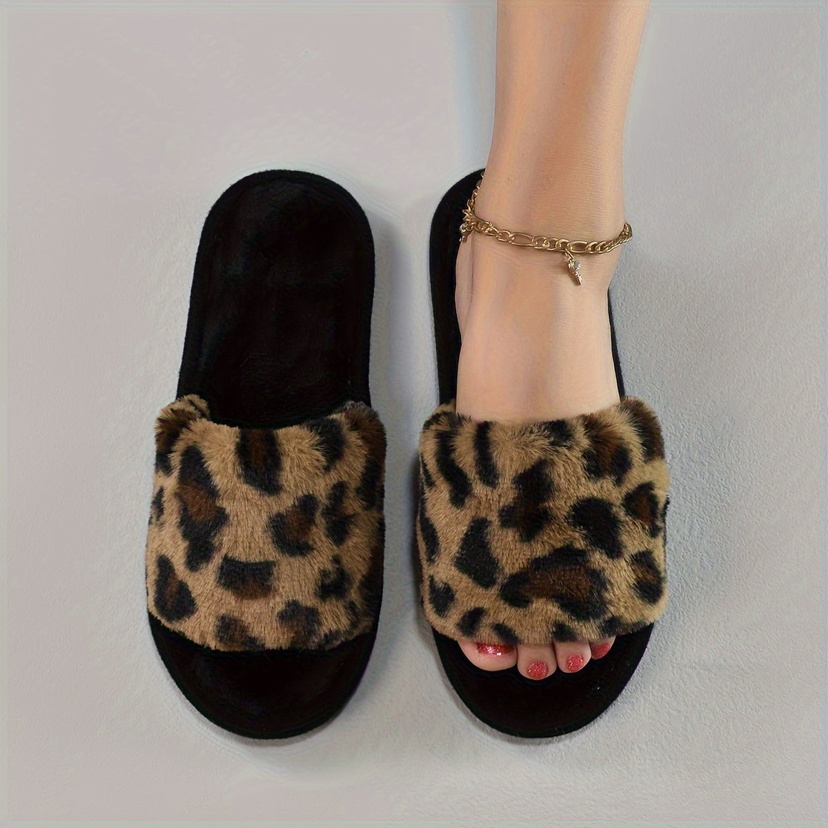 Cozy Leopard Print Plush Slippers for Women - Soft, Warm, Open-Toe, Slip-On Shoes with Fuzzy Fabric Upper and EVA Sole for Indoor Use - All-Season Comfortable Footwear for Relaxation