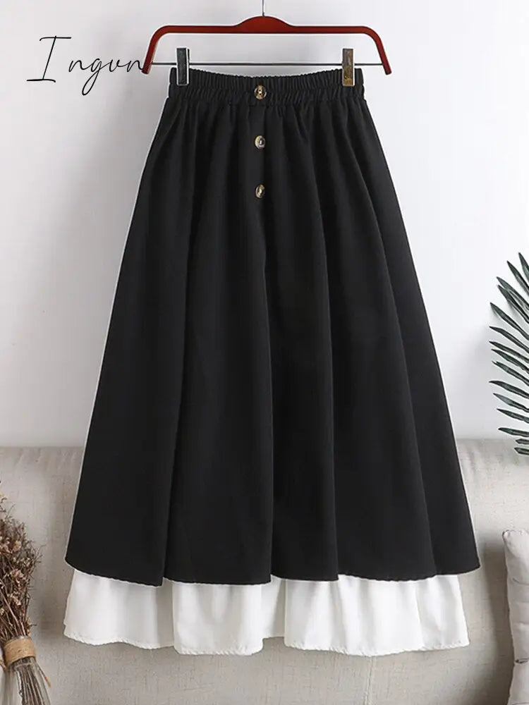 Ingvn - Winter Thick Korean Style Midi Long Pleated Skirt Women White Patchwork Button High Waist A Line Skirt Female