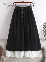 Ingvn - Winter Thick Korean Style Midi Long Pleated Skirt Women White Patchwork Button High Waist A Line Skirt Female