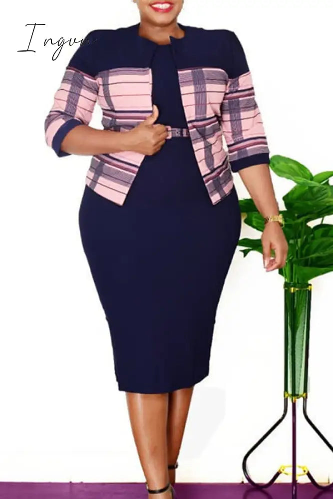 Ingvn - Purple Plus Size Elegant Striped Patchwork With Belt O Neck Wrapped Skirt Plus Size Two Pieces