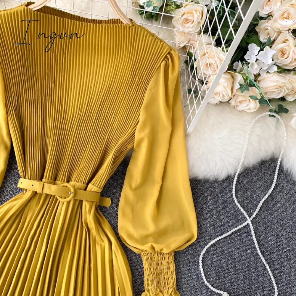 Ingvn - Vintage Women Pleated Long Dress Female Elegant Lantern Long Sleeve High Waist Red/Purple Draped Maxi Vestidos Spring Autumn New