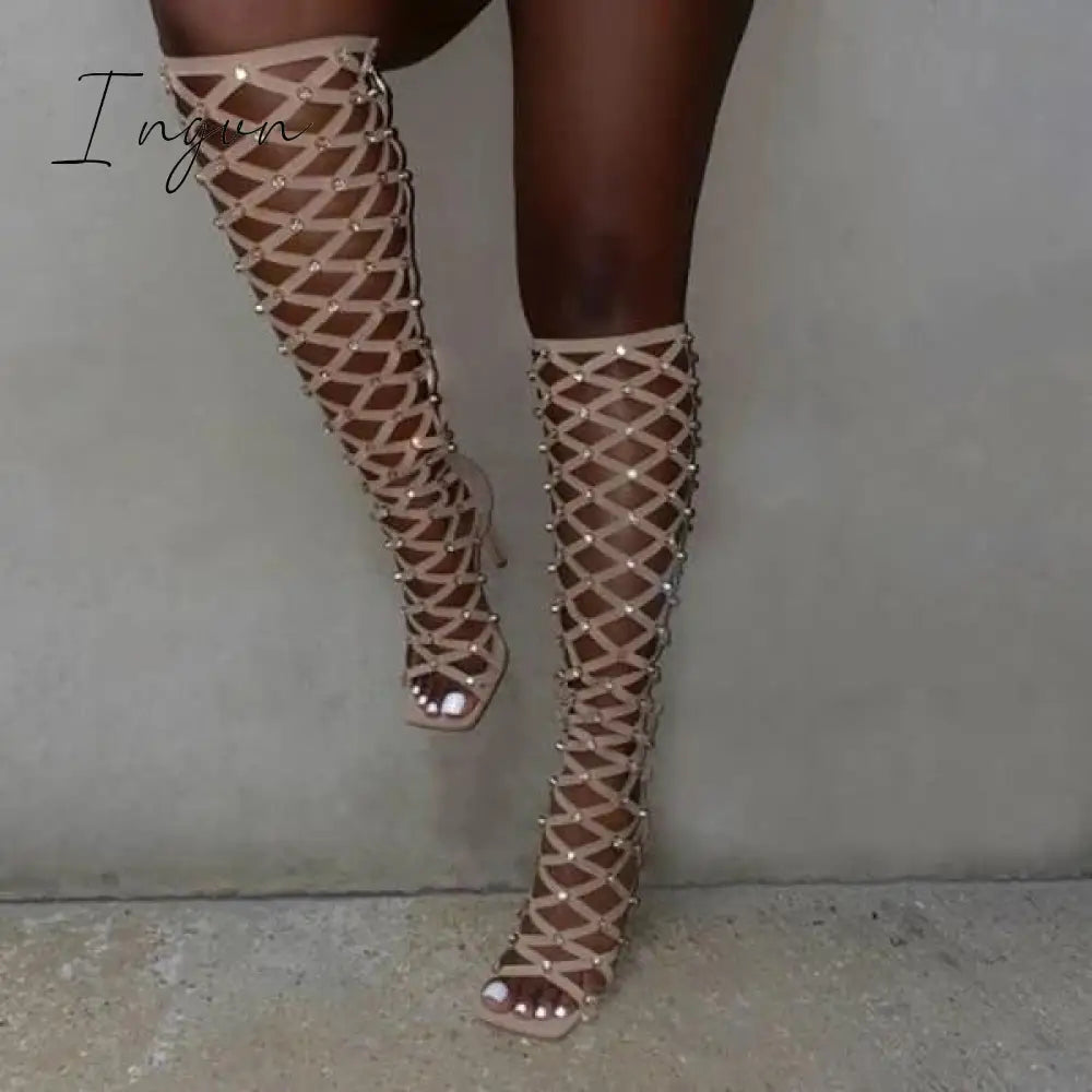 Ingvn - Diamonds Square Open Toe High Heel Boots