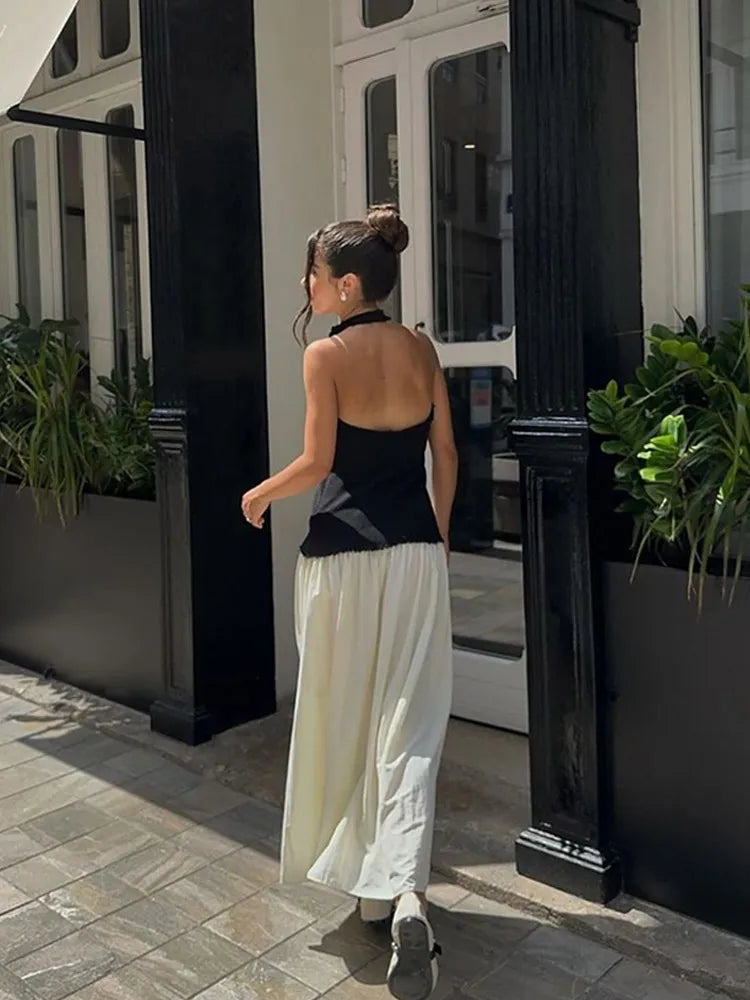 Contrast Color Knitted Patchwork Women's Maxi Dress Halter Sleeveless Backlesss Bodycon Long Robes Lady Summer Casual Long Dress