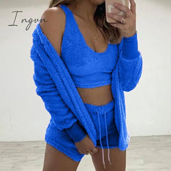Ingvn - Three Piece Sexy Fluffy Outfits Plush Velvet Hooded Cardigan Coat+Shorts+Crop Top Women Tracksuit Sets Casual Sports Sweatshirt