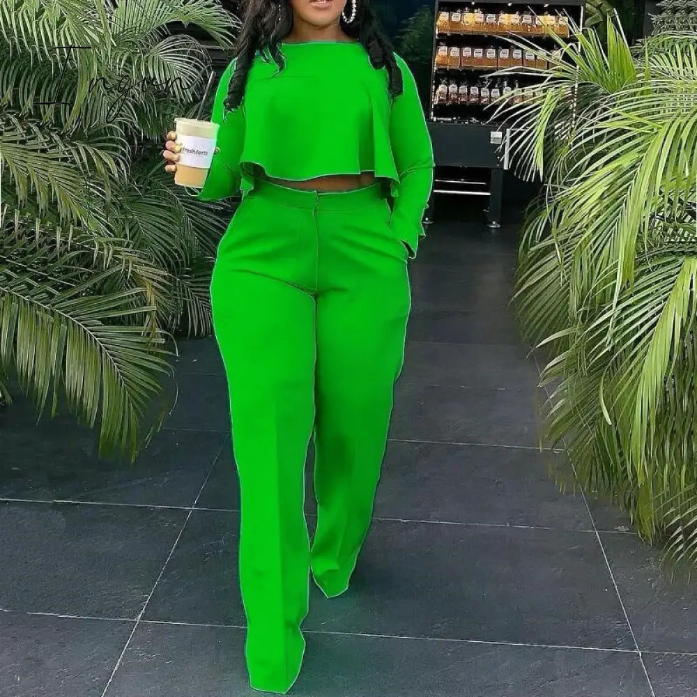 Ingvn - 2023 Elegant Work Wear Two Piece Set Fall Clothes for Women Ruffles Crop Top and Wide Leg Pants Suits Matching Sets Sexy Club Outfits