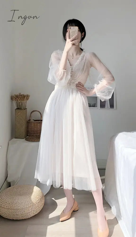 Ingvn - White Dress Elegant Fairy Chiffon Off Shoulder Dress Maxi Long Sleeve Sexy Beach Dresses Women Boho Autumn Clothes Vintage