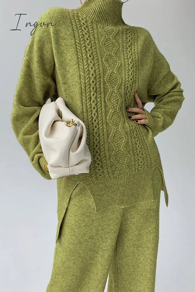 Ingvn - Casual Solid Slit Turtleneck Long Sleeve Two Pieces