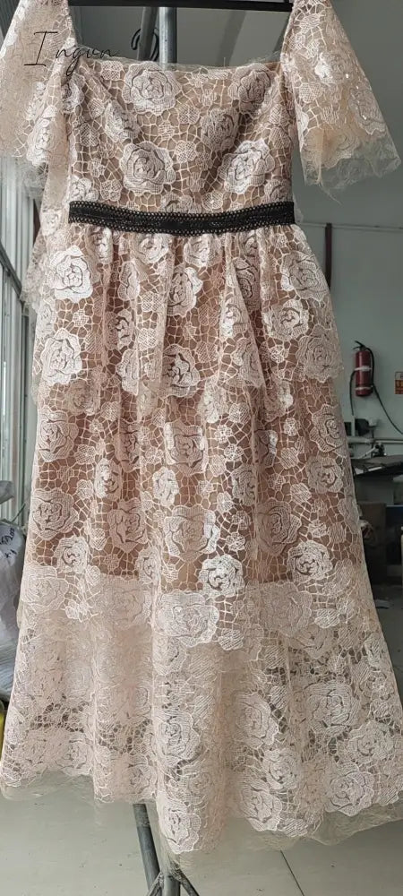 Ingvn - 2023 Summer Pink Women Lace Gauze Dress Mesh Tulle V Neck Bow Tie Rose Embroidery Midi Long Sequin Dress Evening Robe Quality