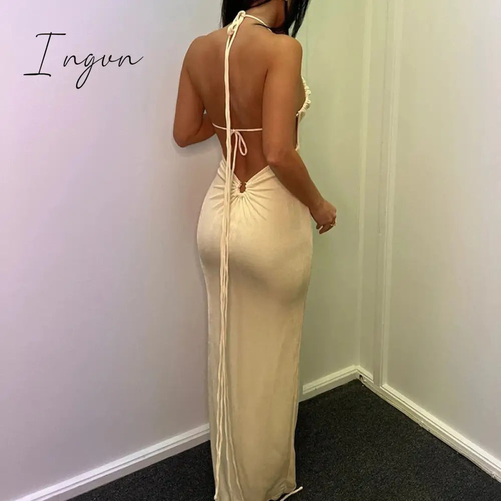 Ingvn - Sexy Hollow Out Corset Maxi Dress Party Dress Women Halter Cut Out  Wrap Split Long Dresses Summer Backless Clubwear Midi Robe