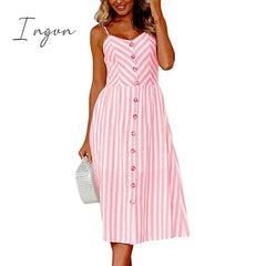 Ingvn - Vintage Casual Sundress Female Beach Dress Midi Button Backless Polka Dot Striped Women Dress Summer Boho Sexy Floral Dress