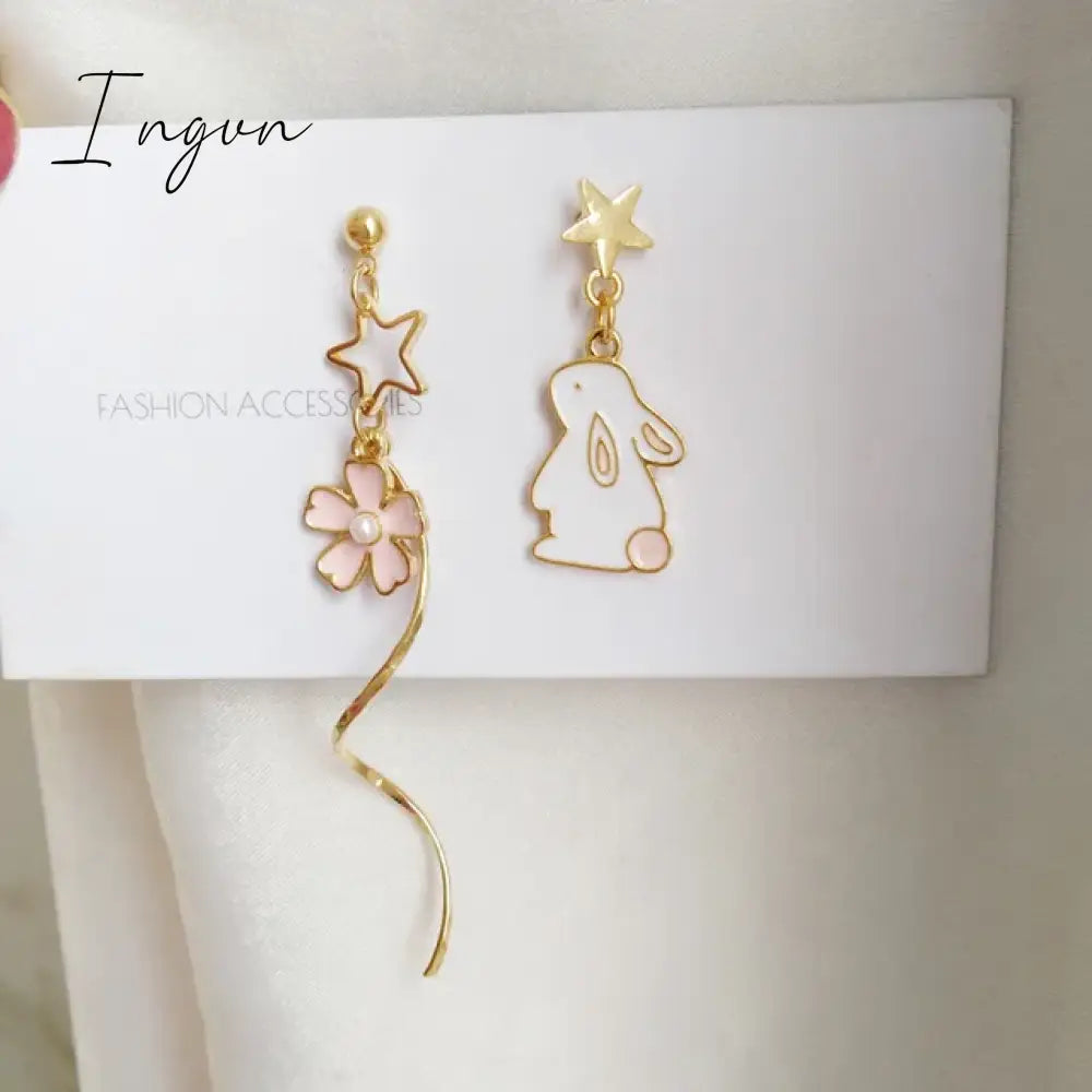 Korean Style Flower Cute Animal Dangle Earrings For Women Moon Stars Kitten Rabbit Balloon Asymmetric Earring Party Jewelry Gift