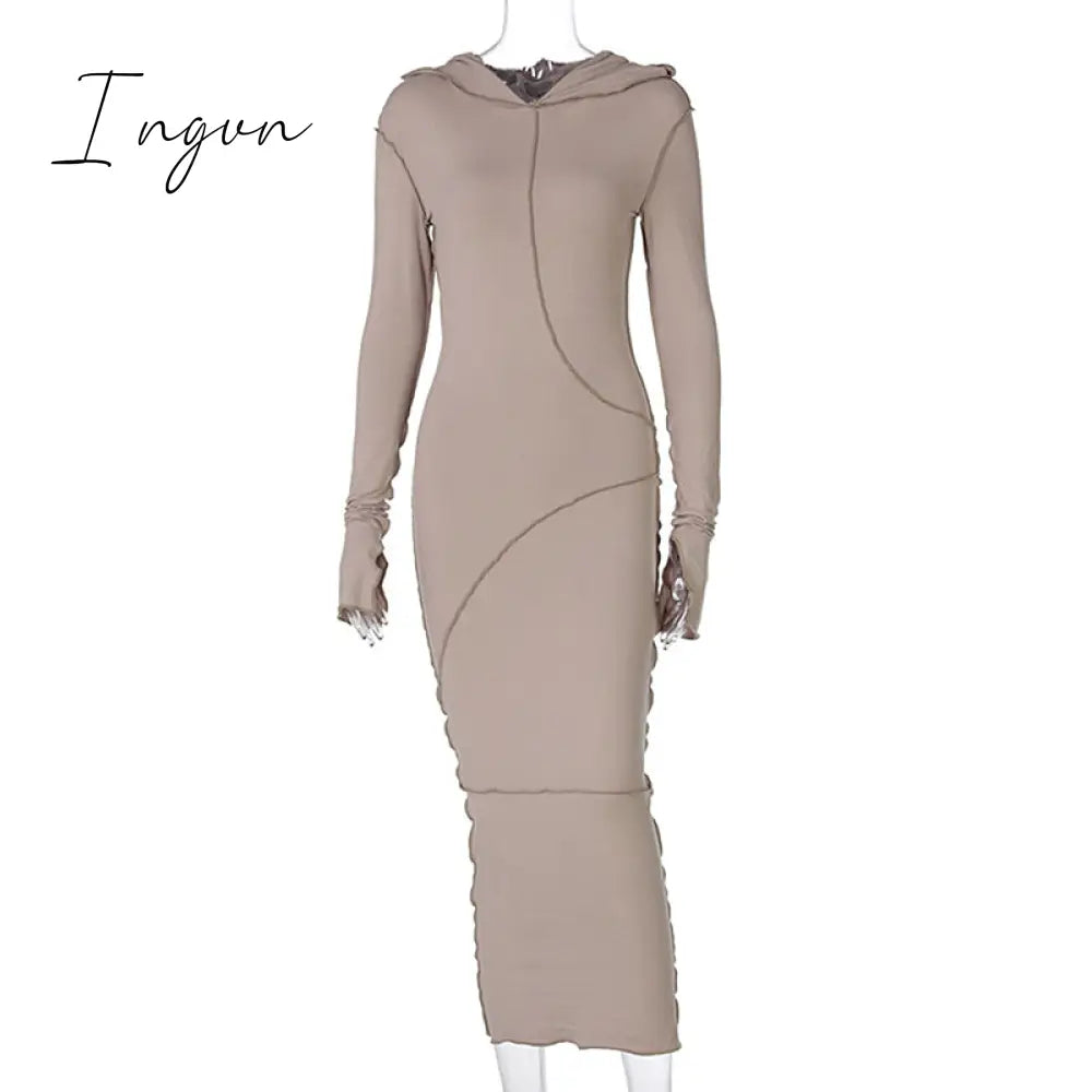 Ingvn - Long Sleeve Hooded Patchwork Skinny Maxi Dress Autumn Winter Women Fashion Streetwear Casual Outfits