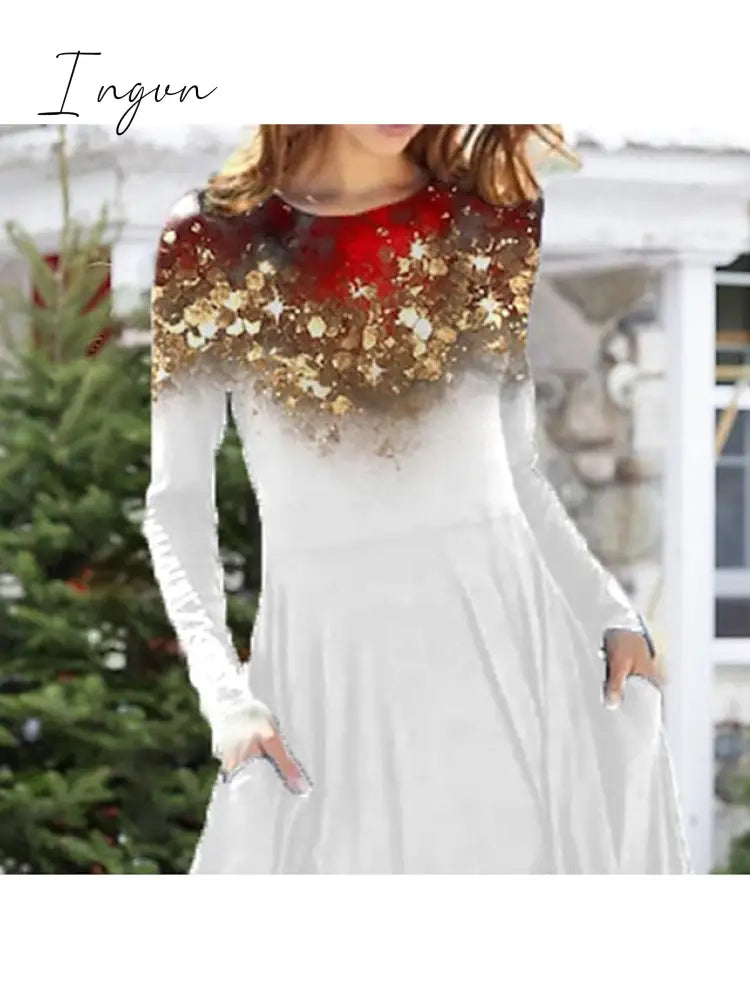 Ingvn - Women's Christmas Casual Dress Swing Dress Midi Dress Red Long Sleeve Leopard Pocket Winter Fall Autumn Fashion Daily Weekend S M L XL XXL 3XL